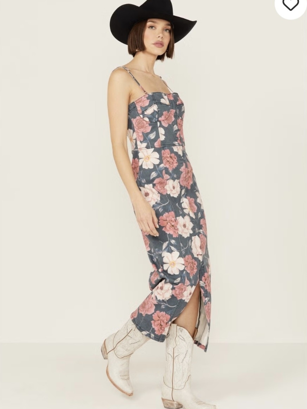 NWTs DRIFTWOOD Denim Midi Dress with Pink Floral Print